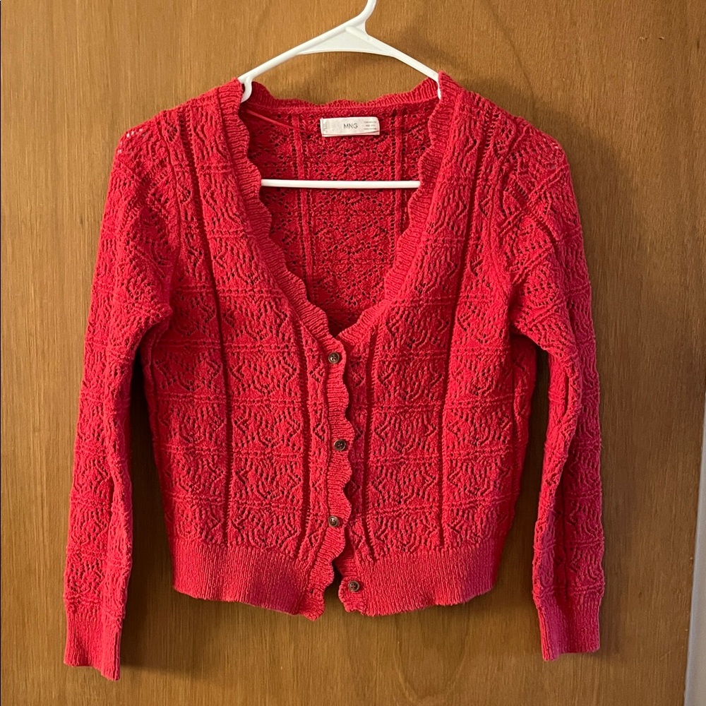Mango Red Textured Knit Cardigan